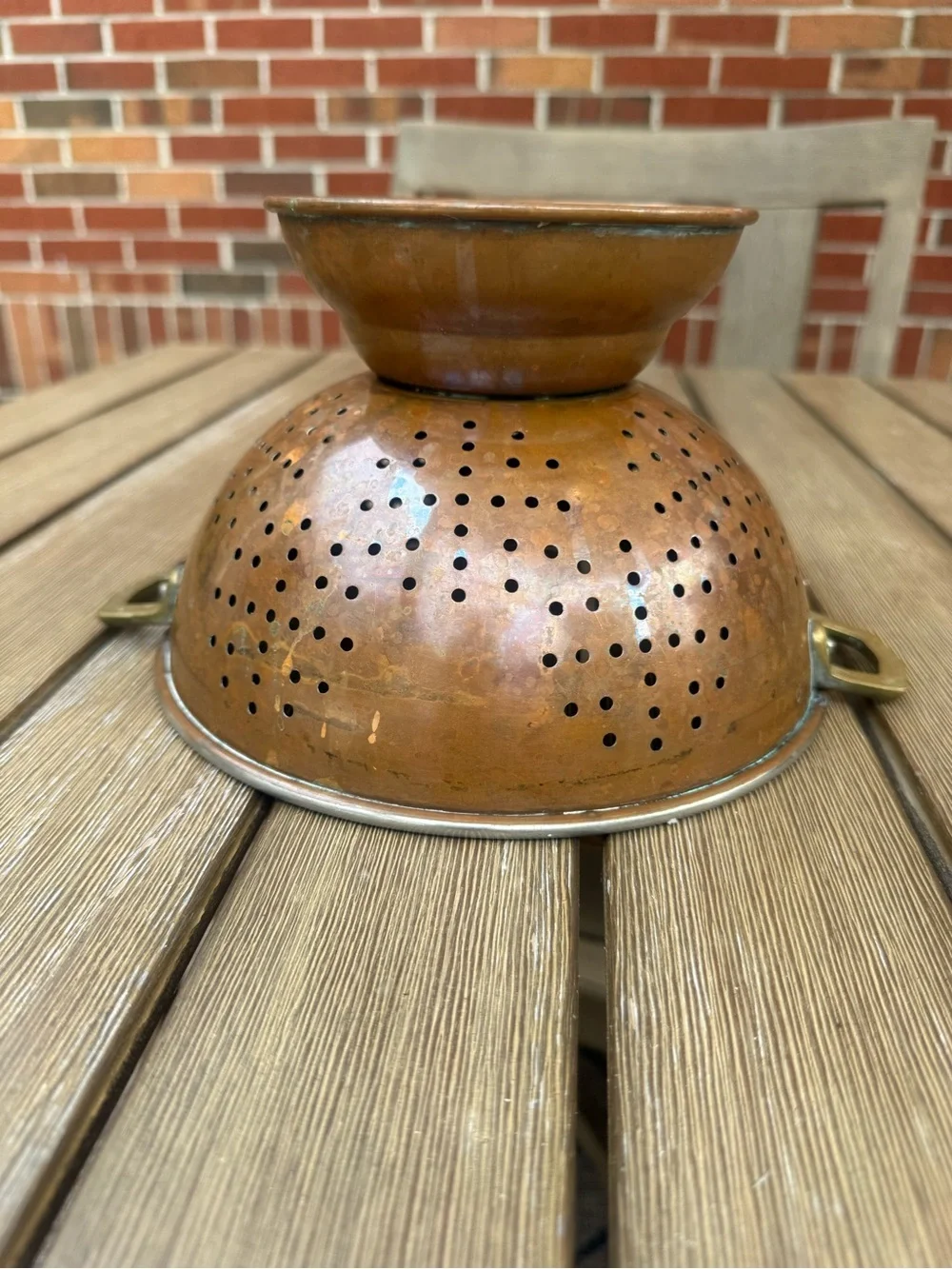 Vintage Solid Copper Colander Stainless Steel Lined Brass Handles Made in Korea